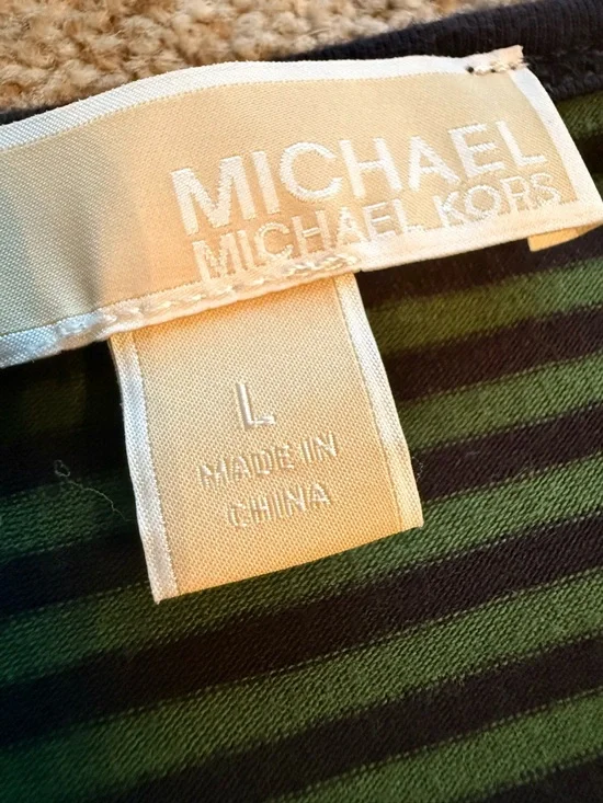 Michael Kors Navy and Green Striped Long-Sleeve Top with Gold Zippers-Size Large - Picture 8 of 9